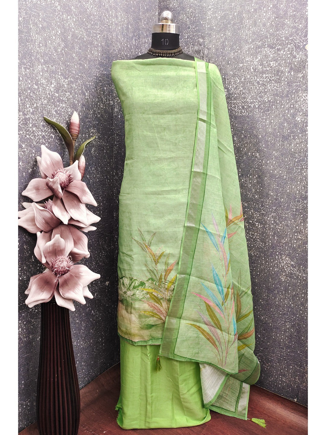 Peachmode Green Linen Dress Material with Floral Print - Image 4