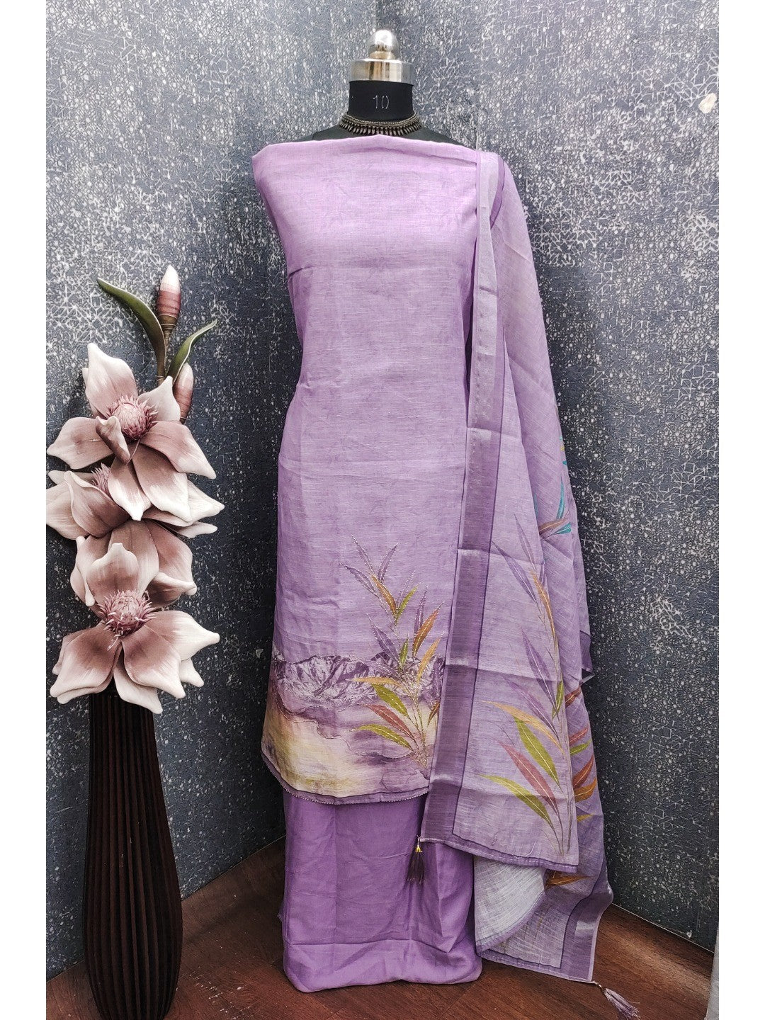 Peachmode Lavender Linen Dress Material with Floral Print - Image 4