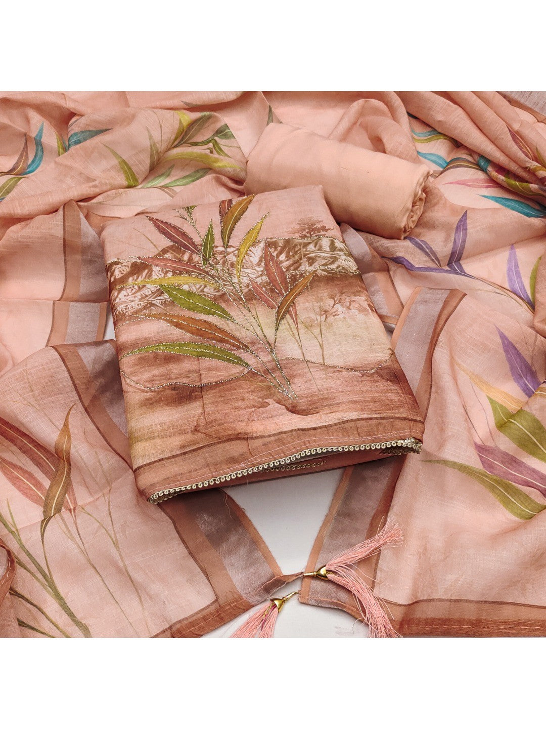 Peachmode Peach Linen Dress Material with Floral Print - Image 1