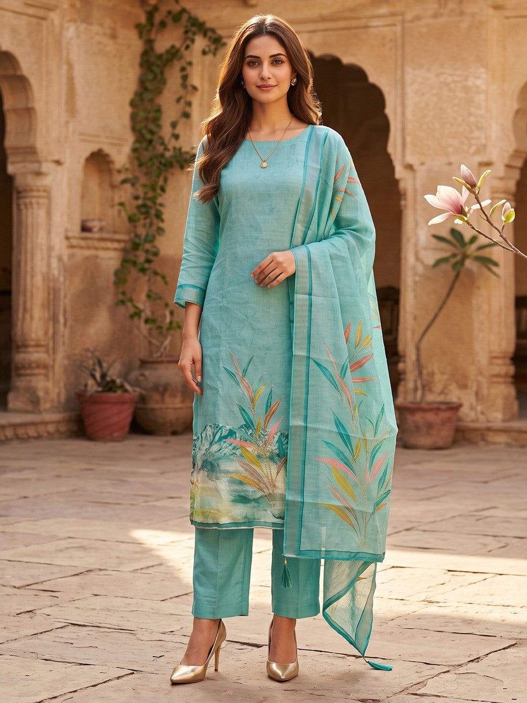 Peachmode Teal Linen Dress Material with Floral Print - Image 2