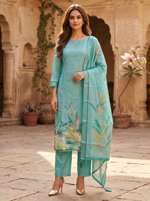 Peachmode Teal Linen Dress Material with Floral Print - Image 1