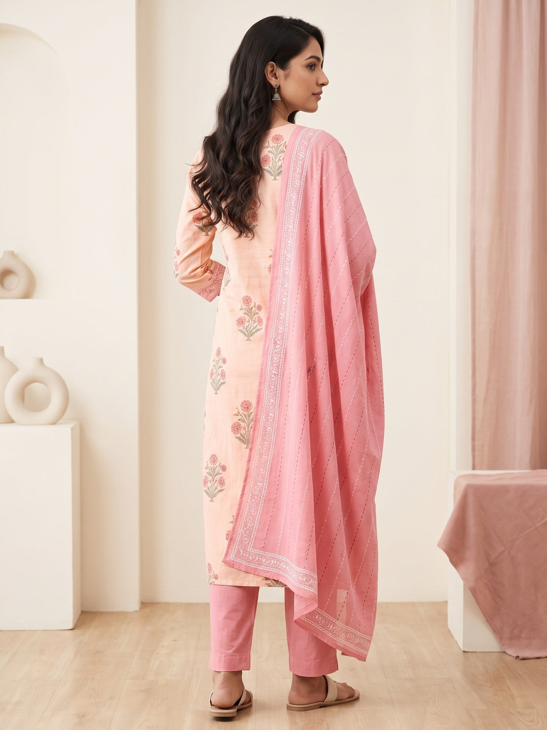 Peach Cotton Floral Printed Salwar Suit Set - Image 4