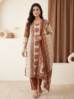 Cream Cotton Floral Printed Salwar Suit Set - Image 1