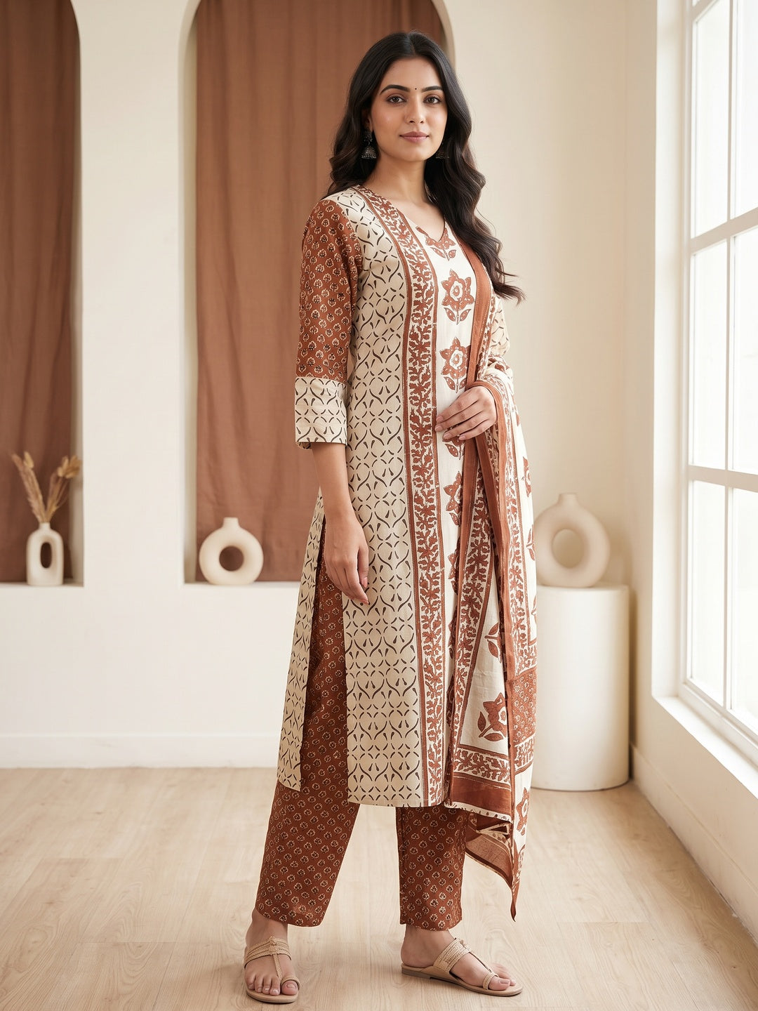 Cream Cotton Floral Printed Salwar Suit Set - Image 3