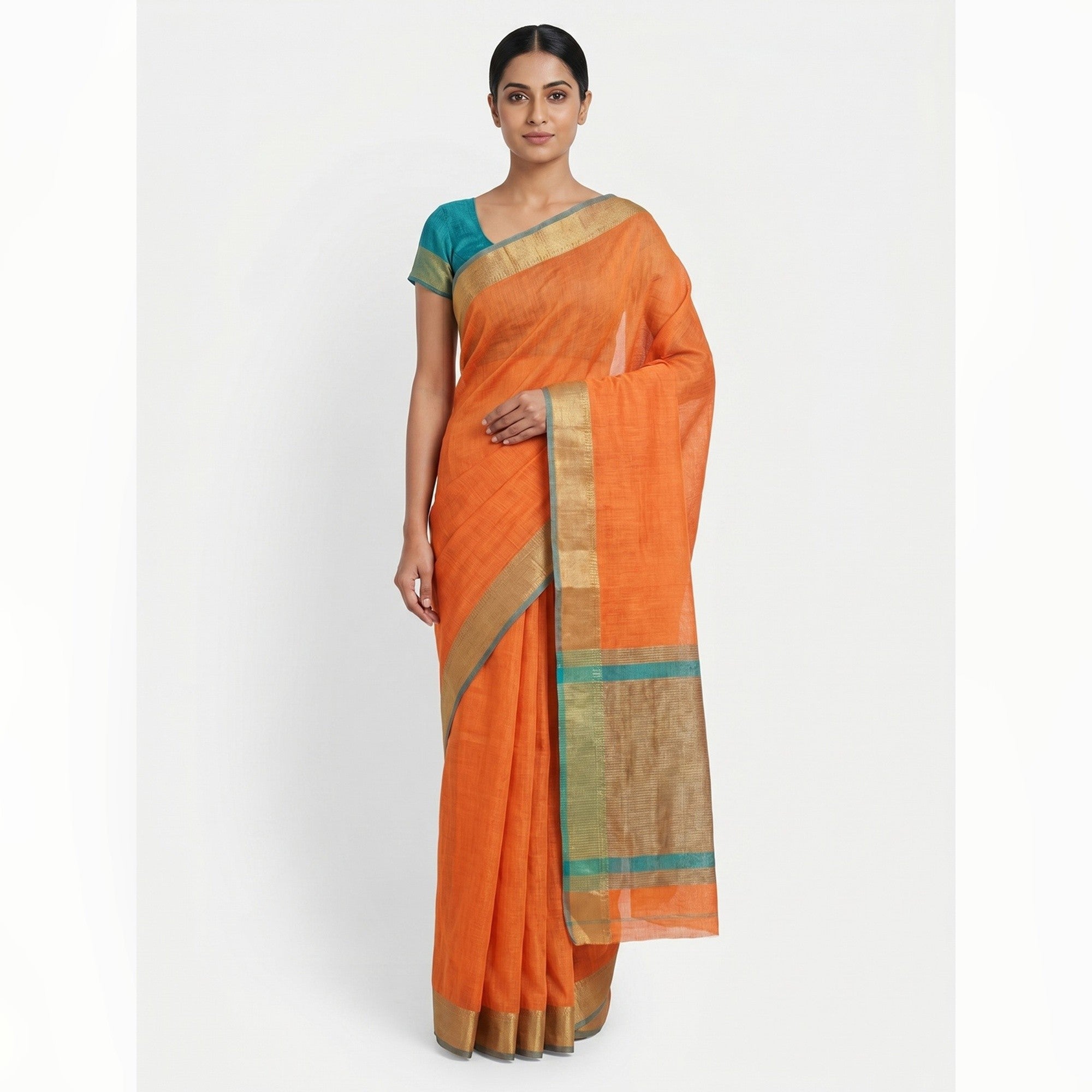 Elegant Orange Linen Saree with Classic Border by Peachmode - Image 1
