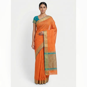 Elegant Orange Linen Saree with Classic Border by Peachmode - Image 1