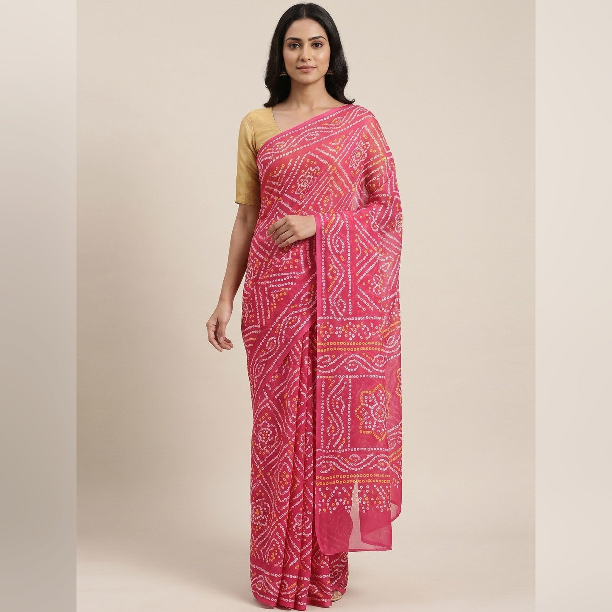 Pink Georgette Bandhani Saree with Traditional Print Design - Image 1