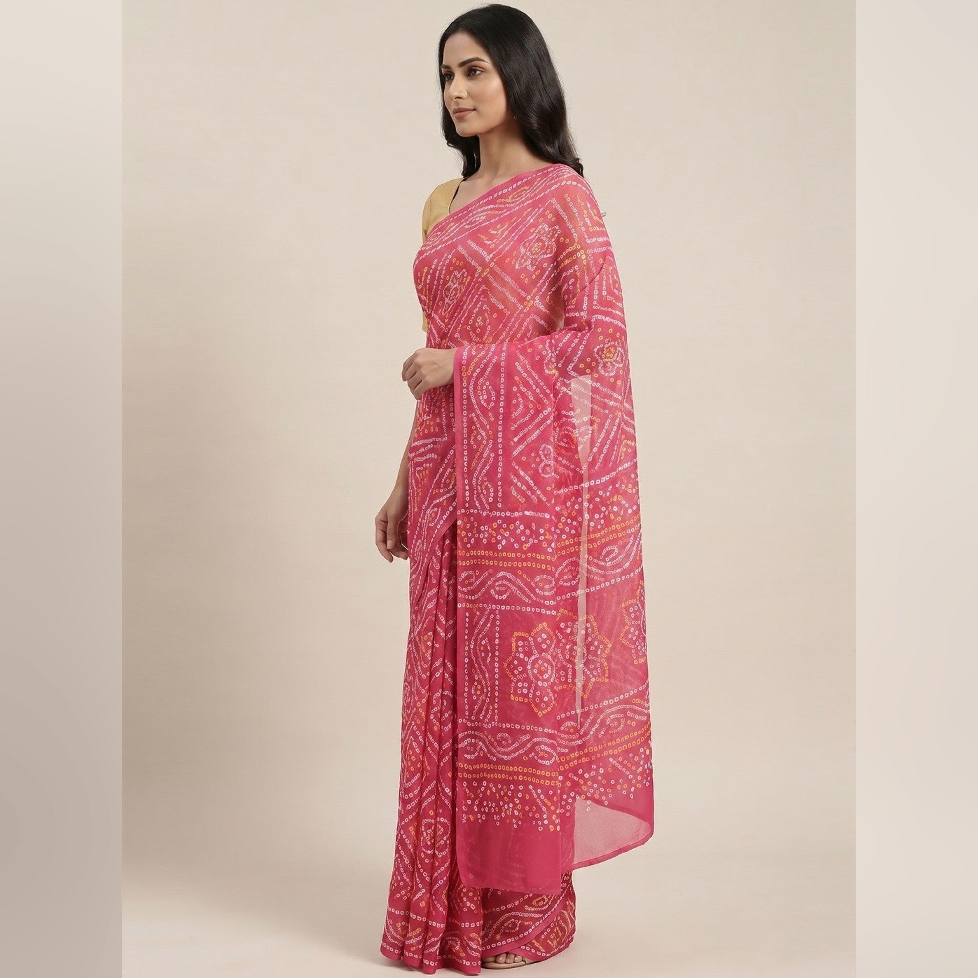 Pink Georgette Bandhani Saree with Traditional Print Design - Image 2
