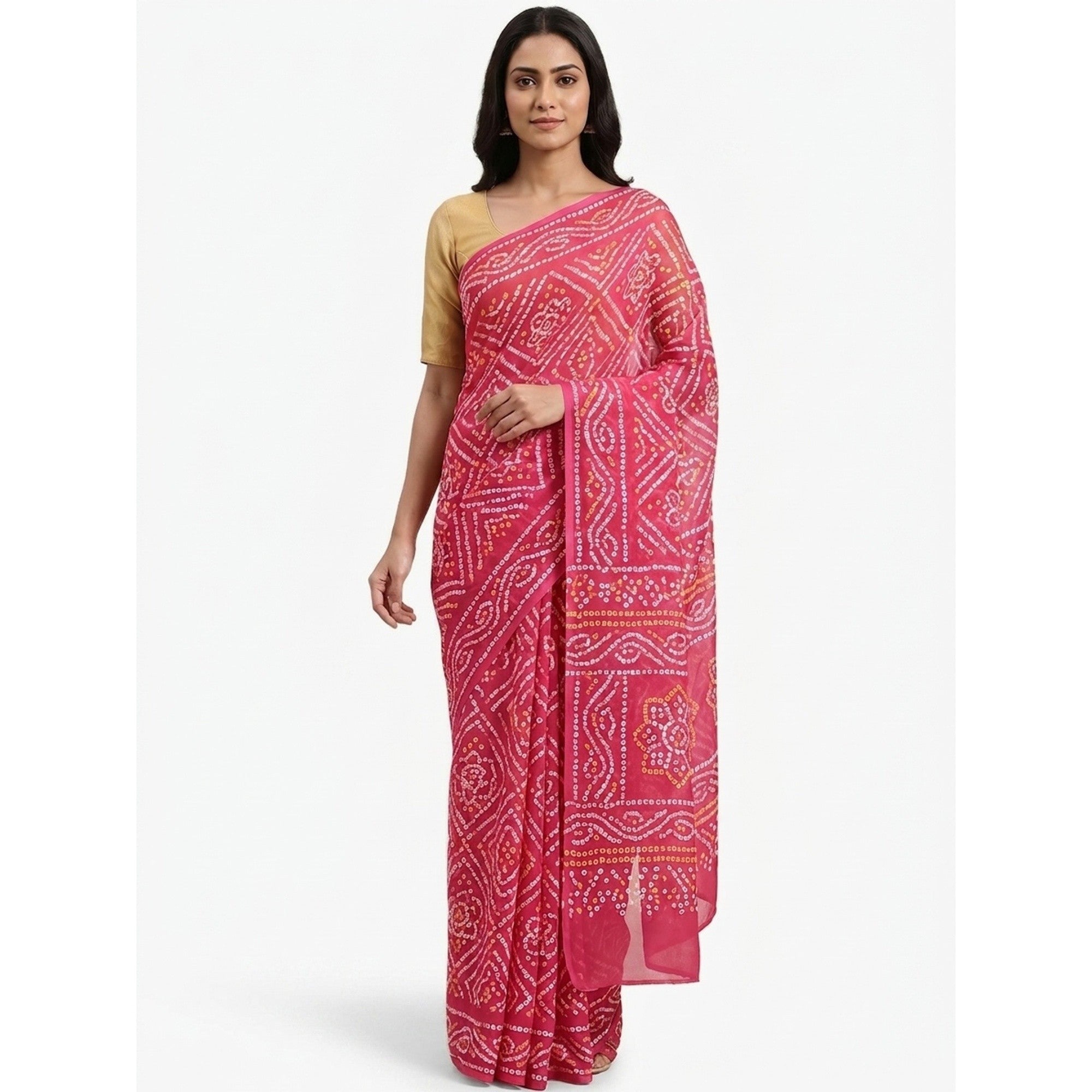 Pink Georgette Bandhani Saree with Traditional Print Design - Image 4
