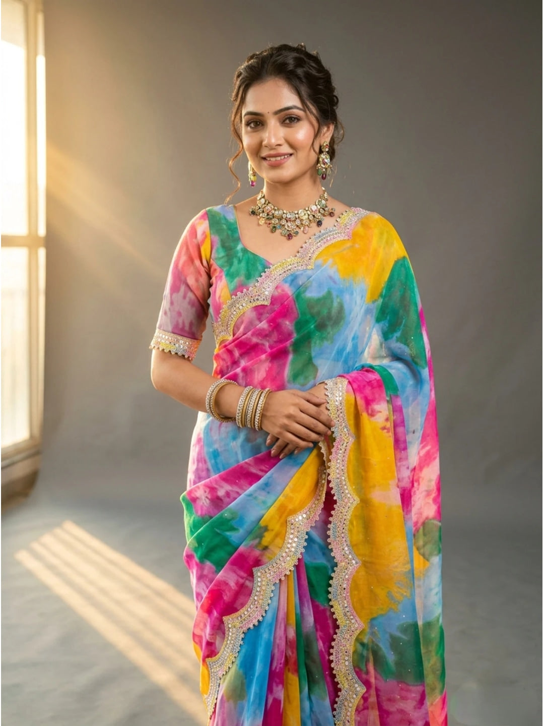 Peachmode Multicolor Georgette Saree with Sequins Lace Border - Image 7