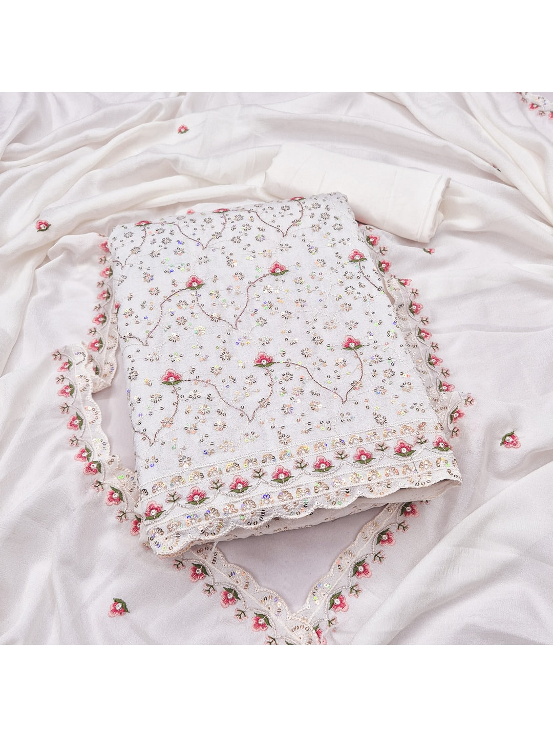 Peachmode White Vichitra Silk Dress Material with Ethnic Motifs - Image 4