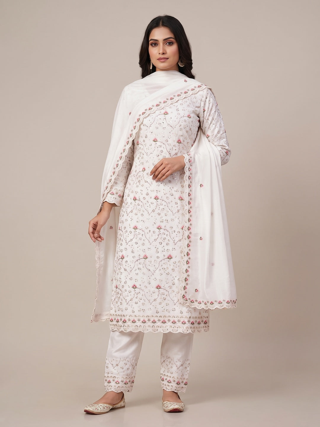 Peachmode White Vichitra Silk Dress Material with Ethnic Motifs - Image 2