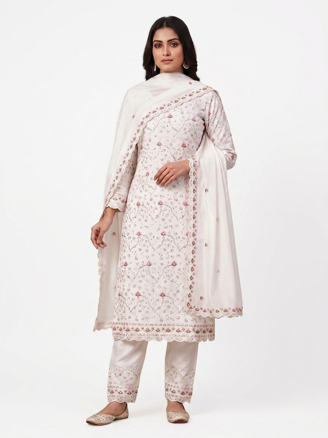 Peachmode White Vichitra Silk Dress Material with Ethnic Motifs - Image 6