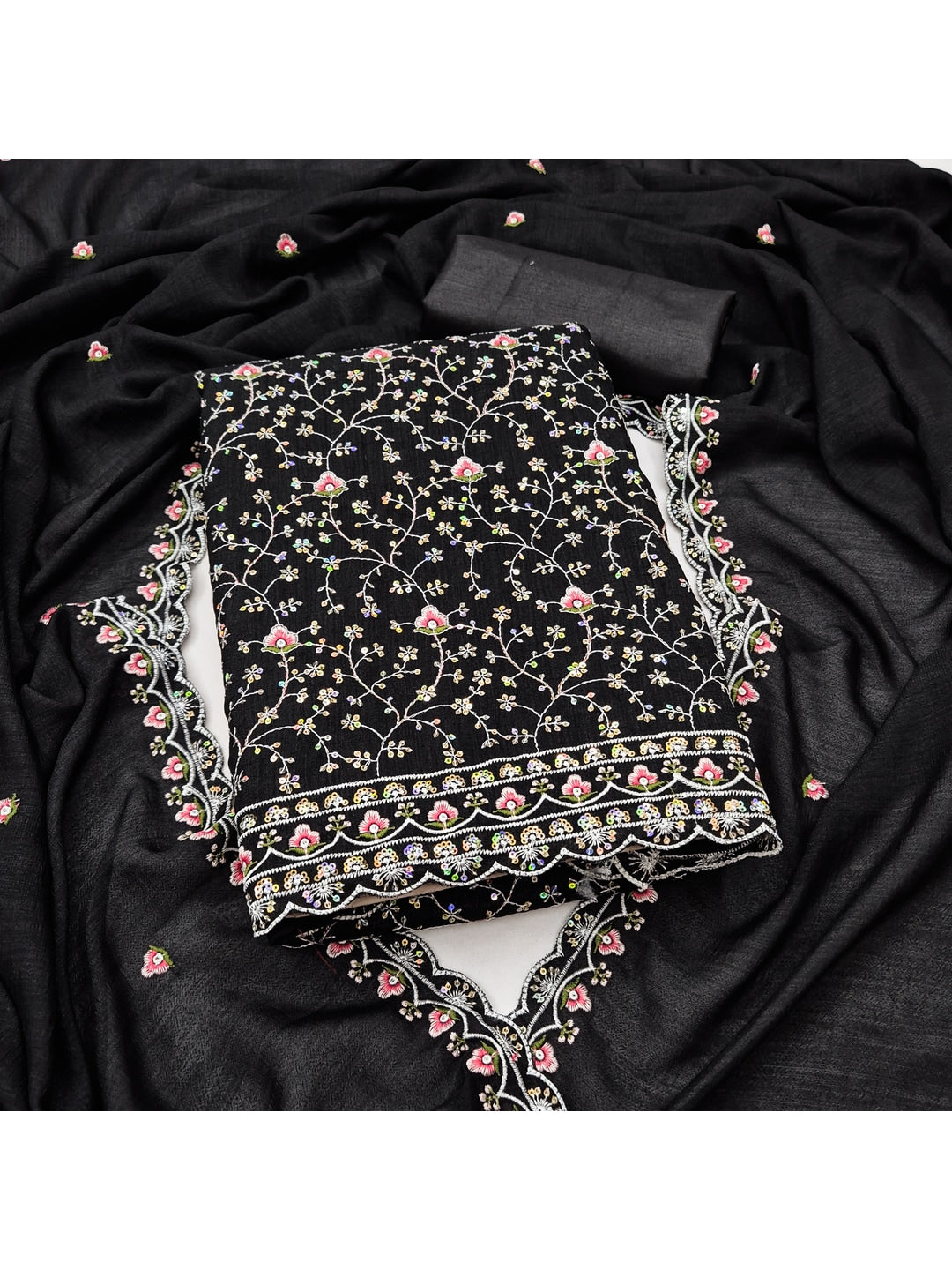 Elegant Black Vichitra Silk Dress Material with Intricate Thread Work - Image 1