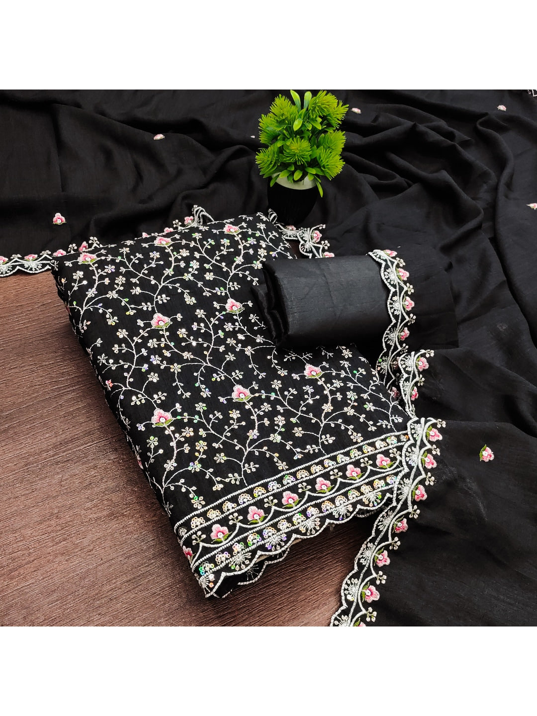 Elegant Black Vichitra Silk Dress Material with Intricate Thread Work - Image 5