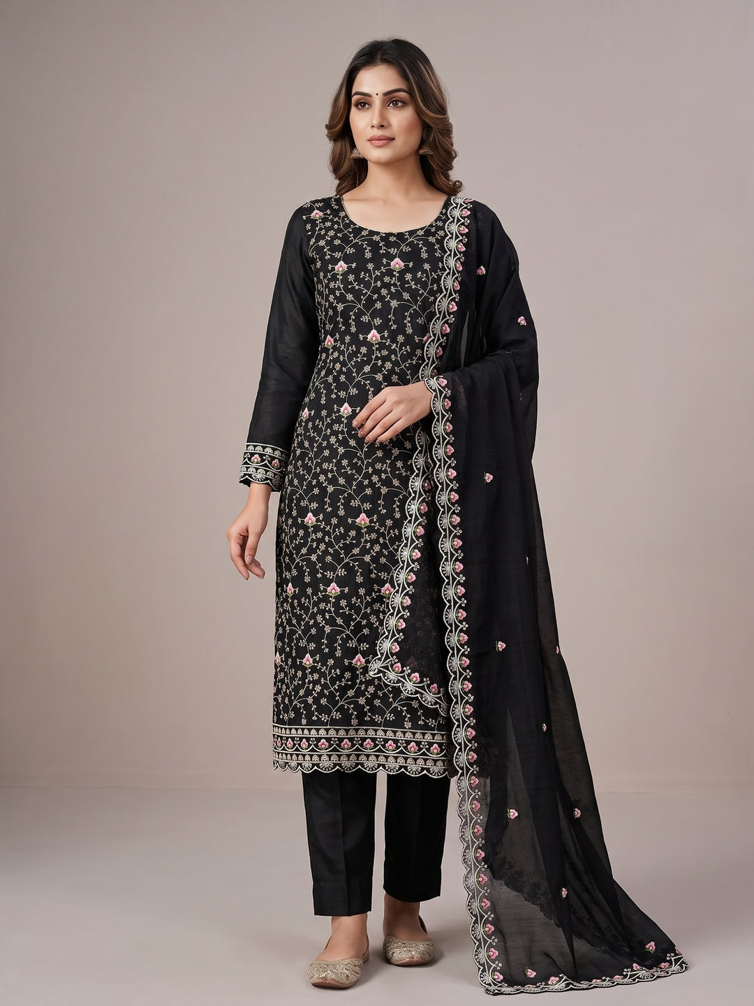 Elegant Black Vichitra Silk Dress Material with Intricate Thread Work - Image 2