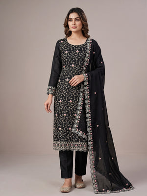 Elegant Black Vichitra Silk Dress Material with Intricate Thread Work - Image 1