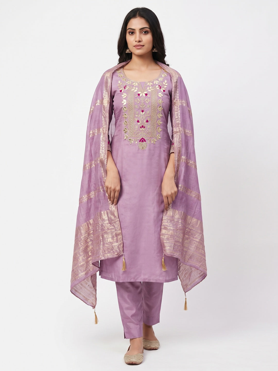 Peachmode Lavender Roman Silk Dress Material with Ethnic Motifs - Image 2