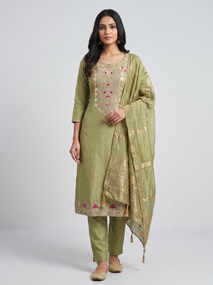 Peachmode Olive Roman Silk Dress Material with Ethnic Motifs - Image 2