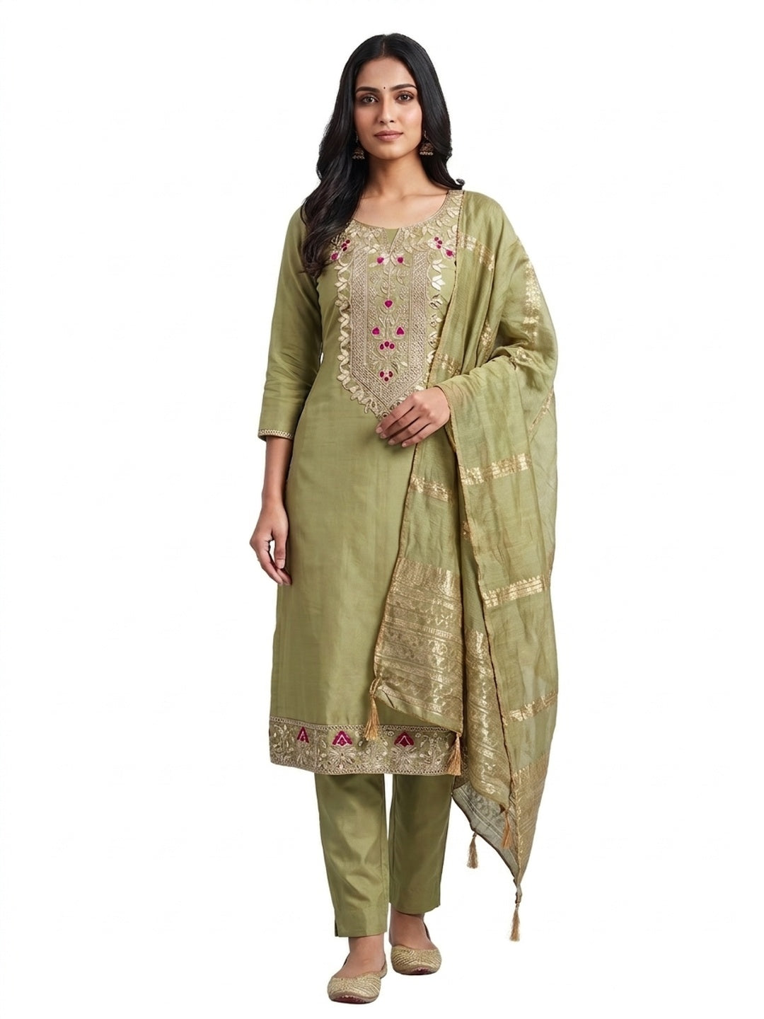 Peachmode Olive Roman Silk Dress Material with Ethnic Motifs - Image 4