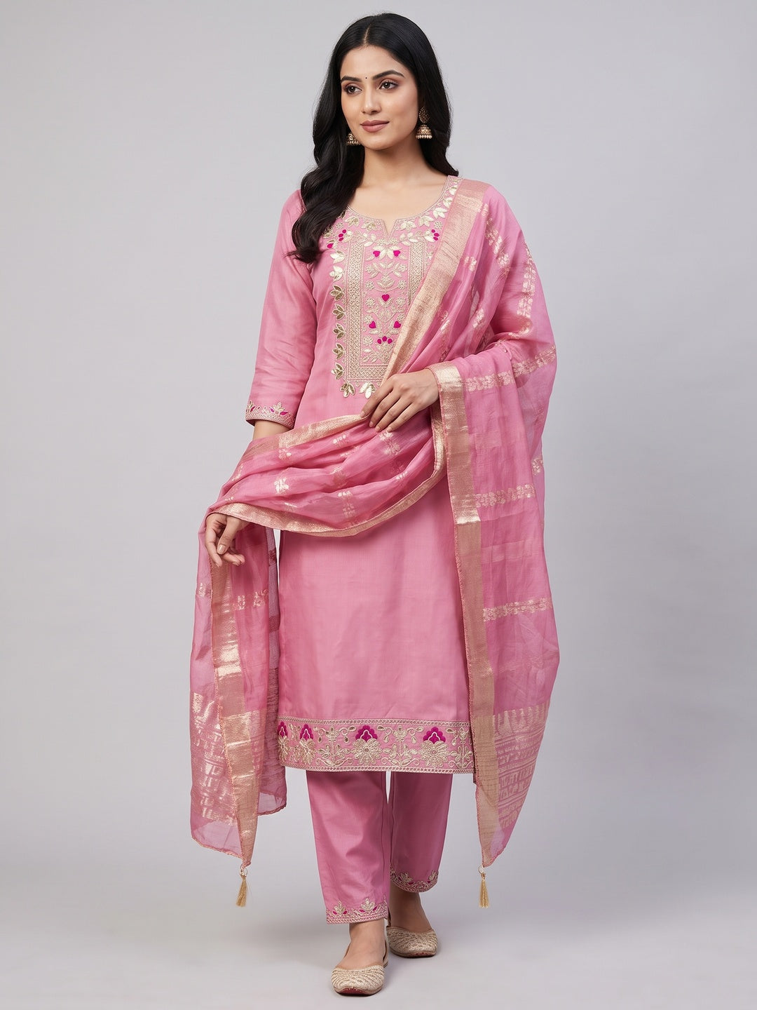 Elegant Pink Chanderi Silk Dress Material with Zari Work - Image 2