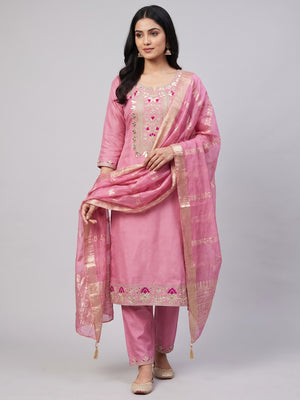 Elegant Pink Chanderi Silk Dress Material with Zari Work - Image 2
