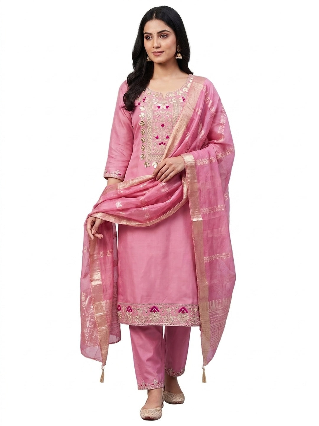 Peachmode Pink Roman Silk Dress Material with Ethnic Motifs - Image 5