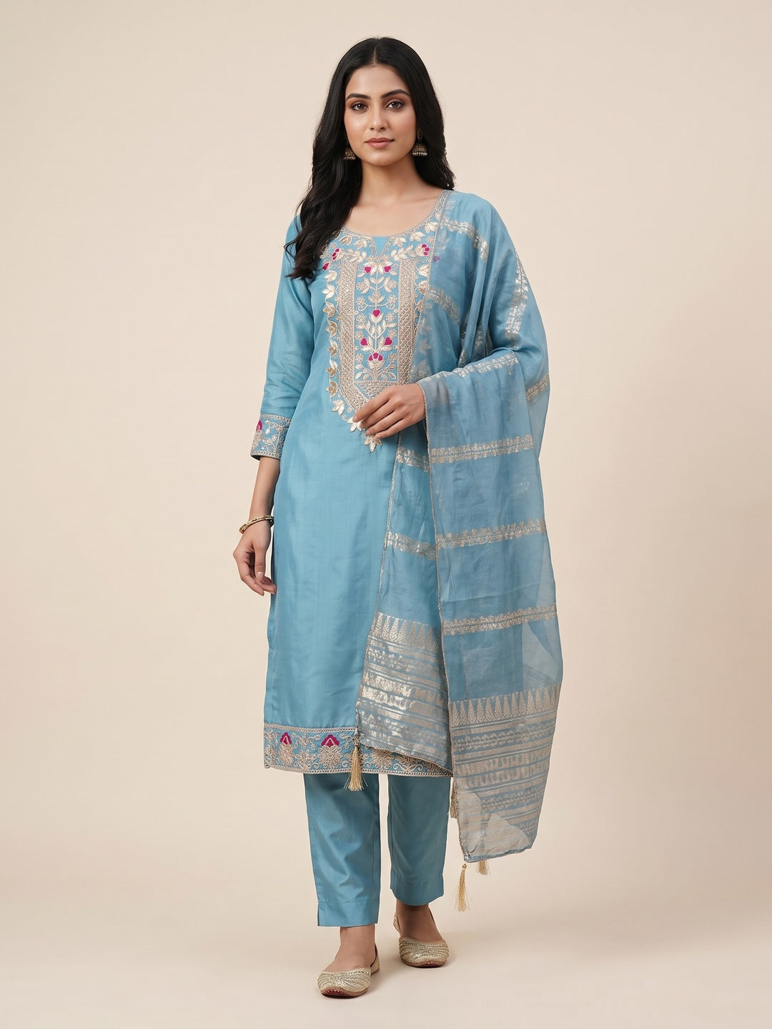 Peachmode Blue Roman Silk Dress Material with Ethnic Motifs - Image 2
