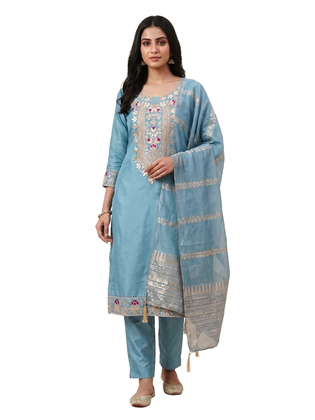 Peachmode Blue Roman Silk Dress Material with Ethnic Motifs - Image 4