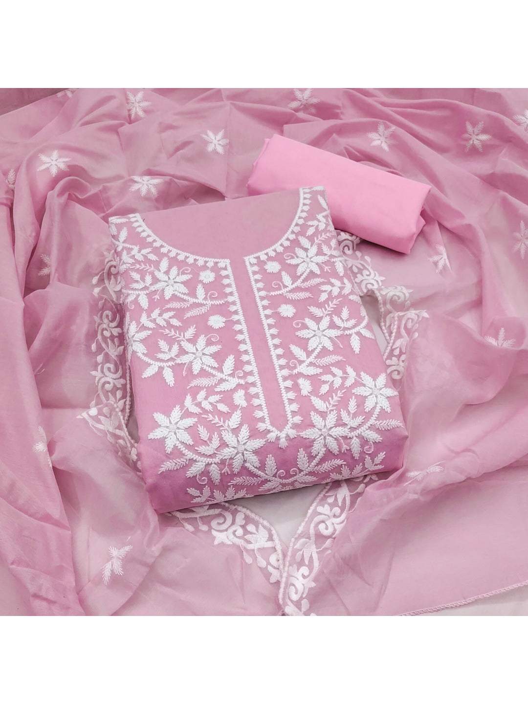 Peachmode Pink Chanderi Cotton Dress Material with Ethnic Motifs - Image 1