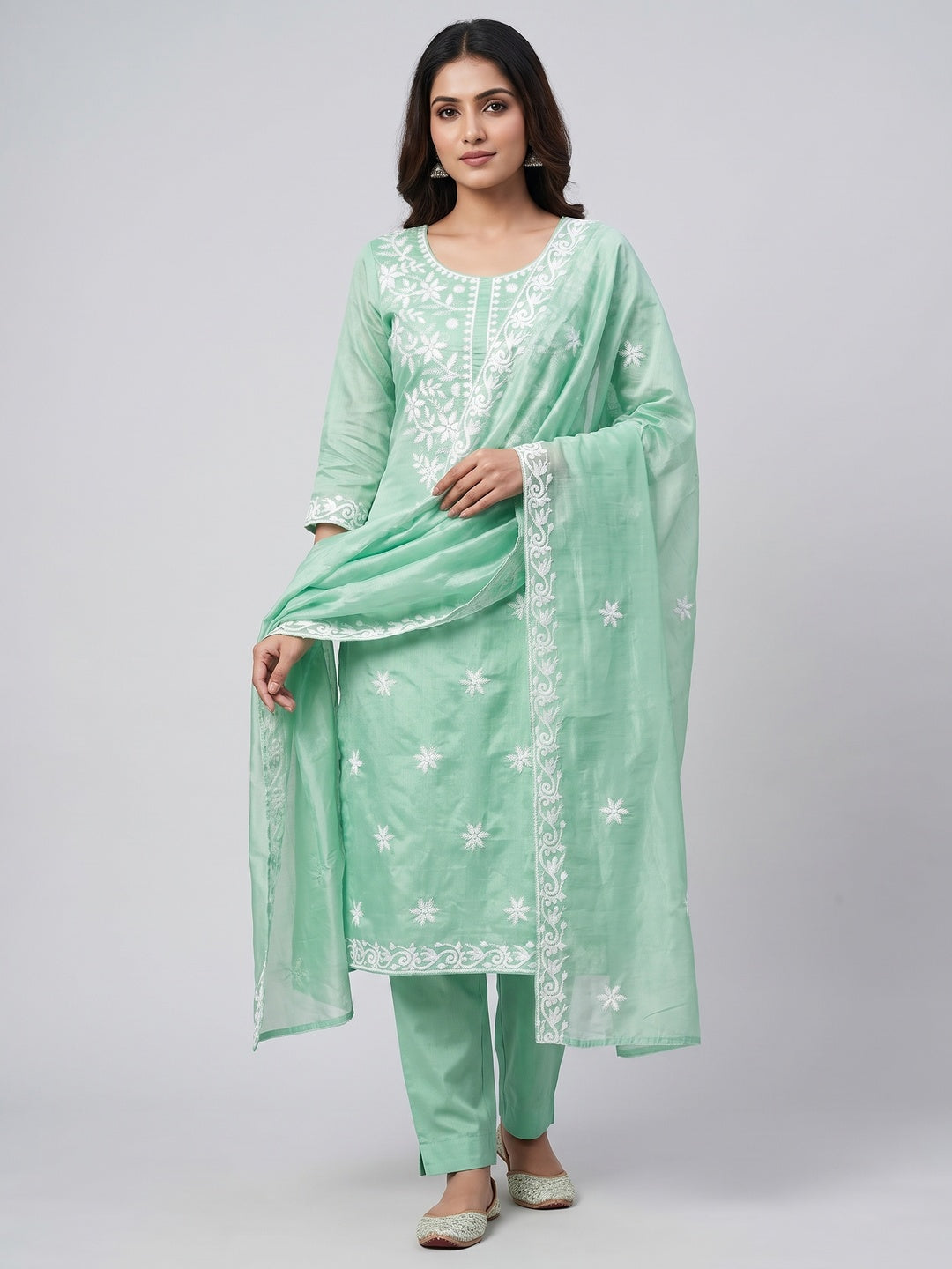 Peachmode Sea Green Chanderi Cotton Dress Material with Ethnic Motifs - Image 1