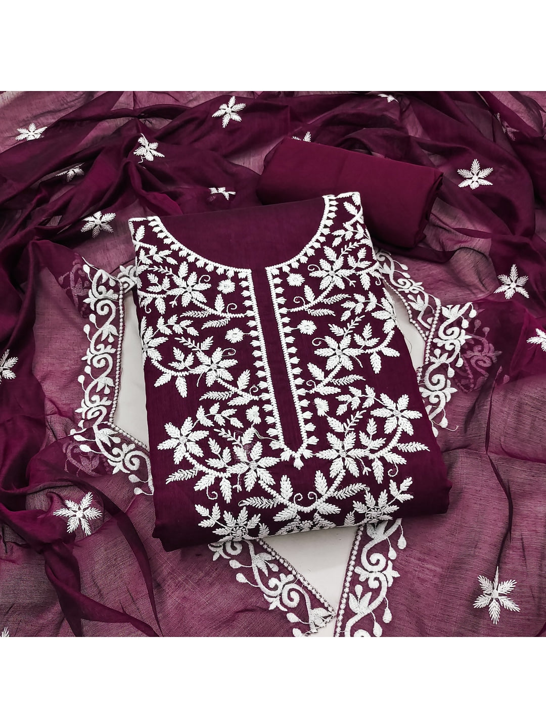Peachmode Wine Chanderi Cotton Dress Material with Ethnic Motifs - Image 2