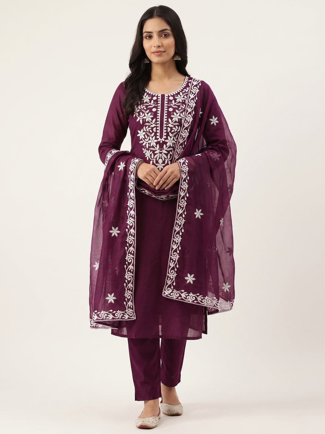 Peachmode Wine Chanderi Cotton Dress Material with Ethnic Motifs - Image 1