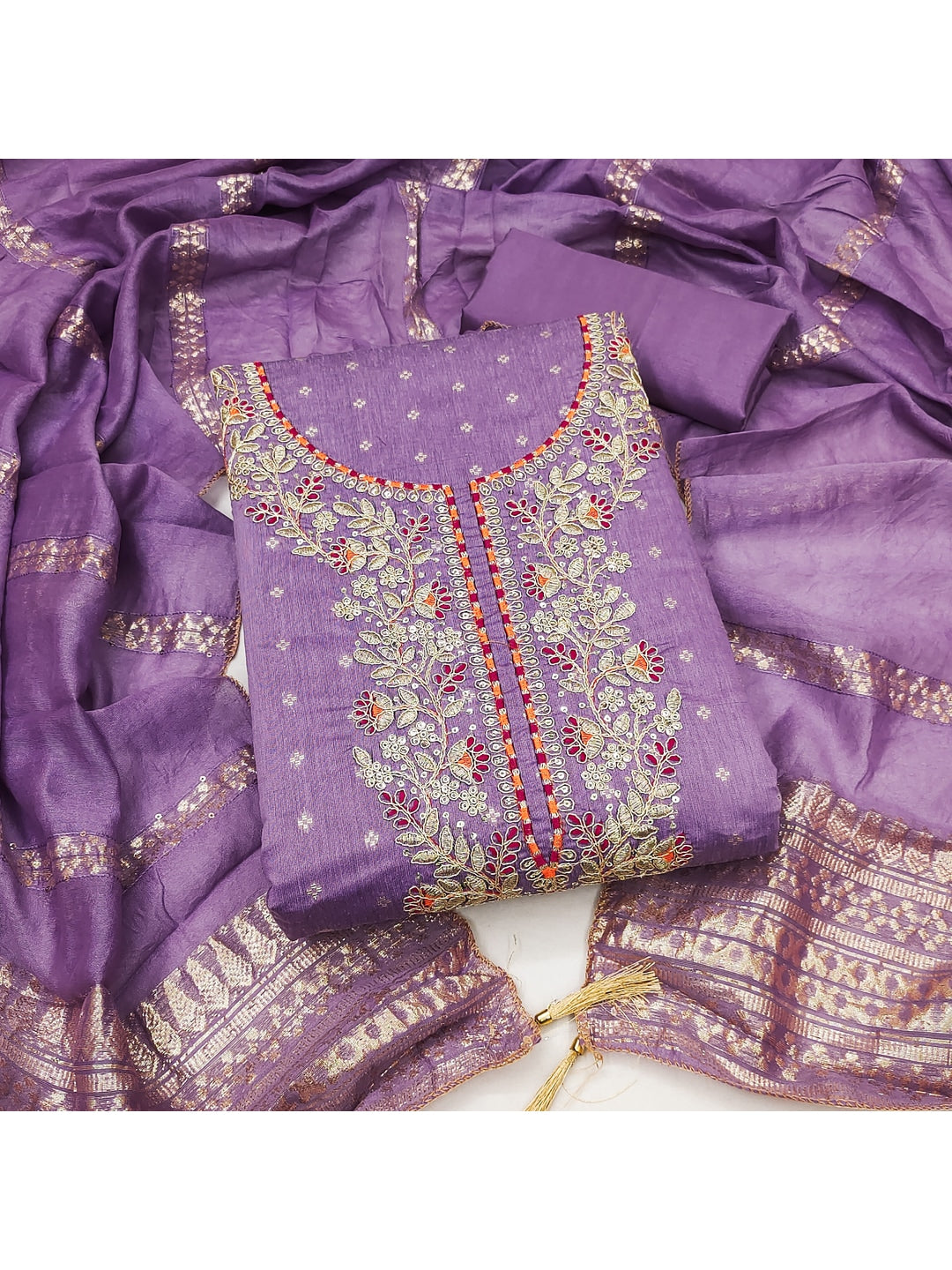 Peachmode Purple Chanderi Silk Dress Material with Ethnic Motifs - Image 2