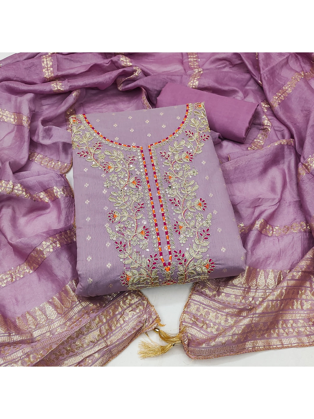 Peachmode Mauve Chanderi Silk Dress Material with Ethnic Motifs - Image 3