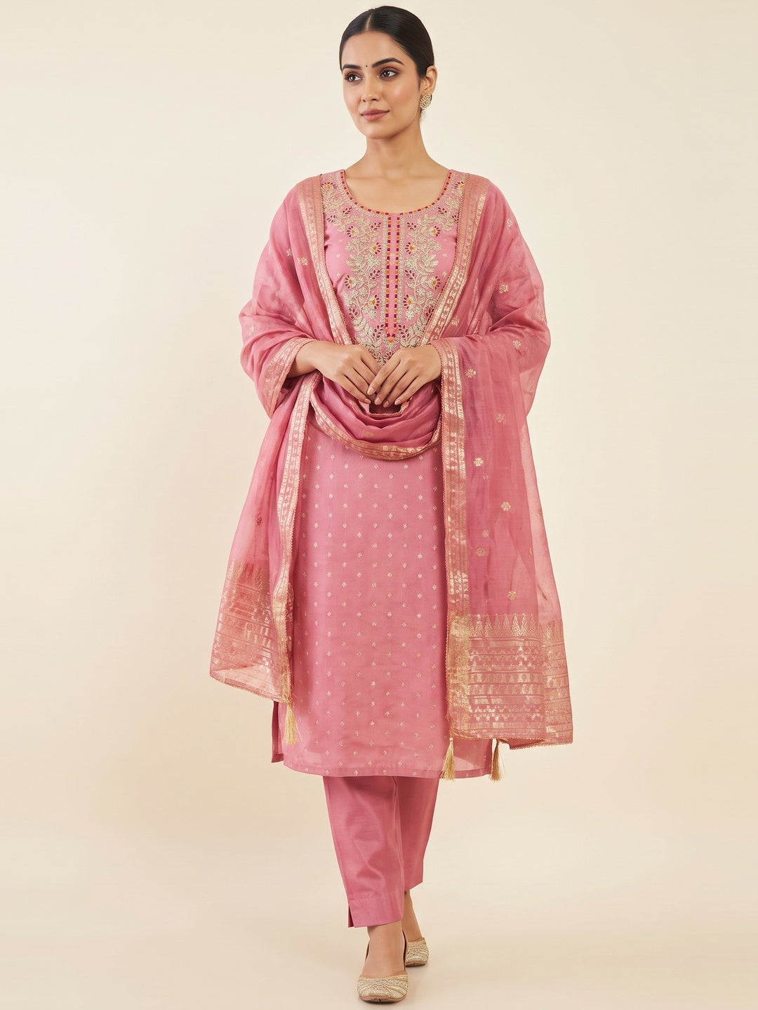 Peachmode Pink Chanderi Silk Dress Material with Ethnic Motifs - Image 2