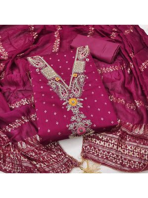 Peachmode Magenta Chanderi Silk Dress Material with Ethnic Motifs - Image 2