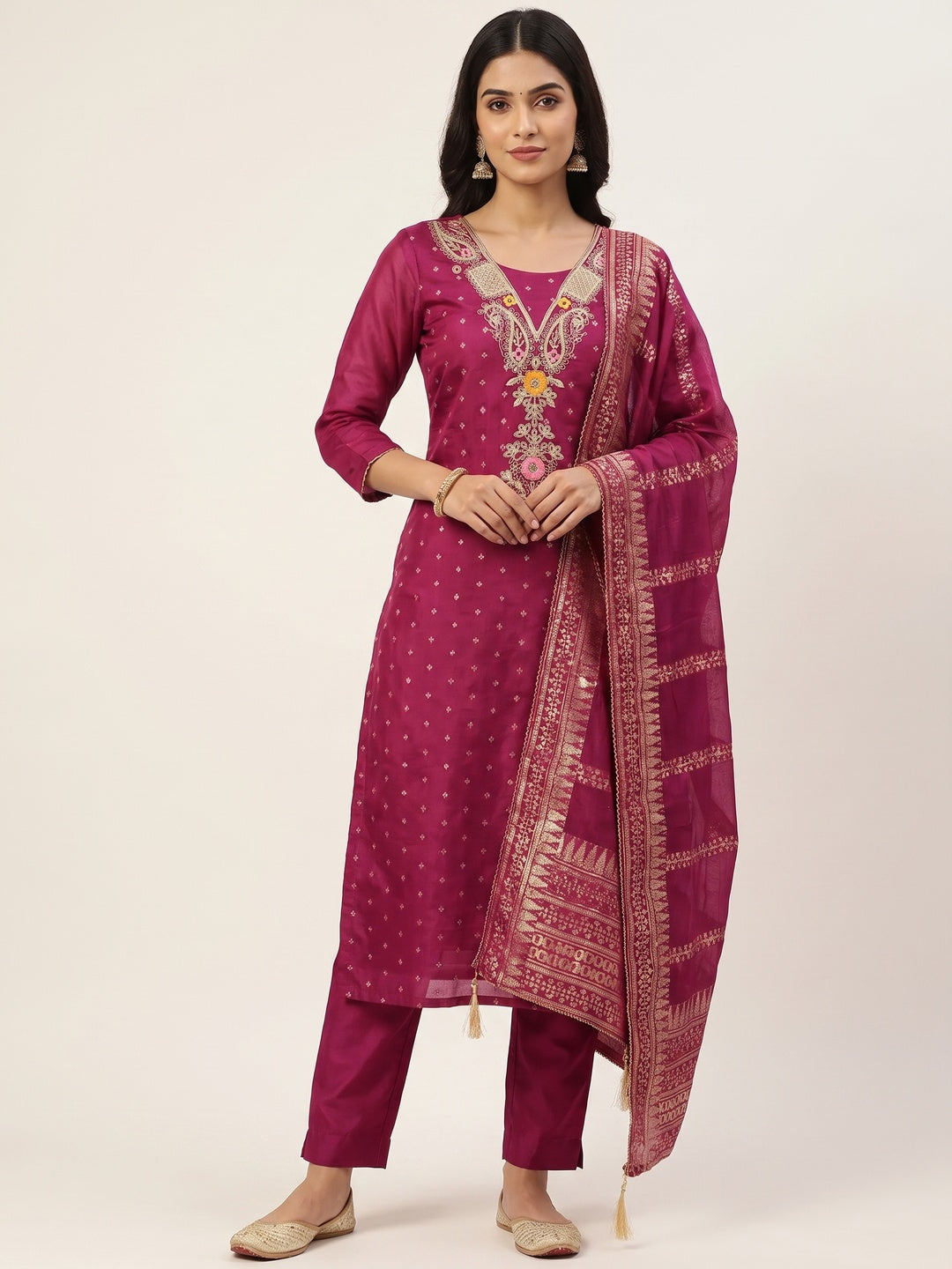 Peachmode Magenta Chanderi Silk Dress Material with Ethnic Motifs - Image 2