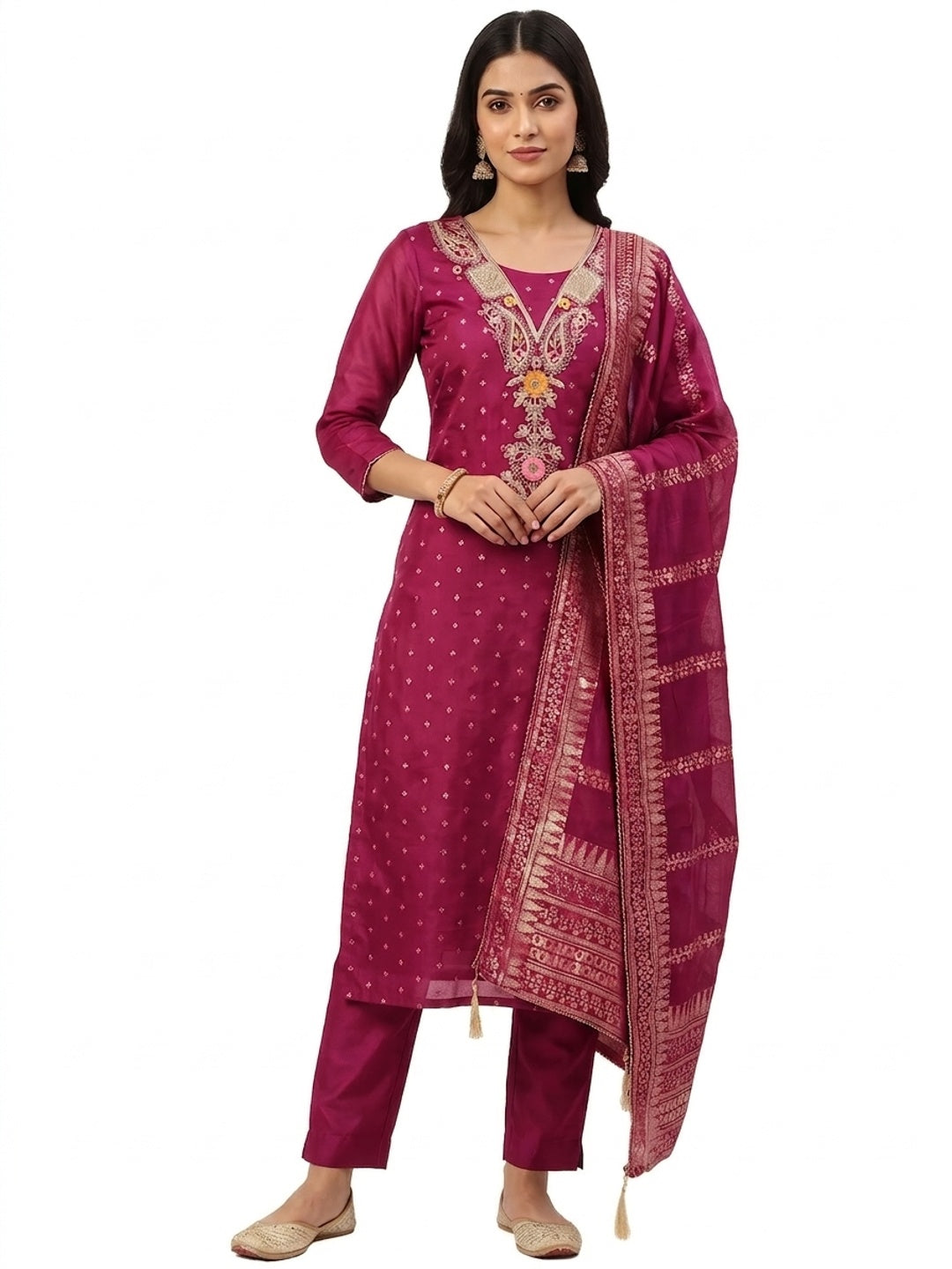 Peachmode Magenta Chanderi Silk Dress Material with Ethnic Motifs - Image 4
