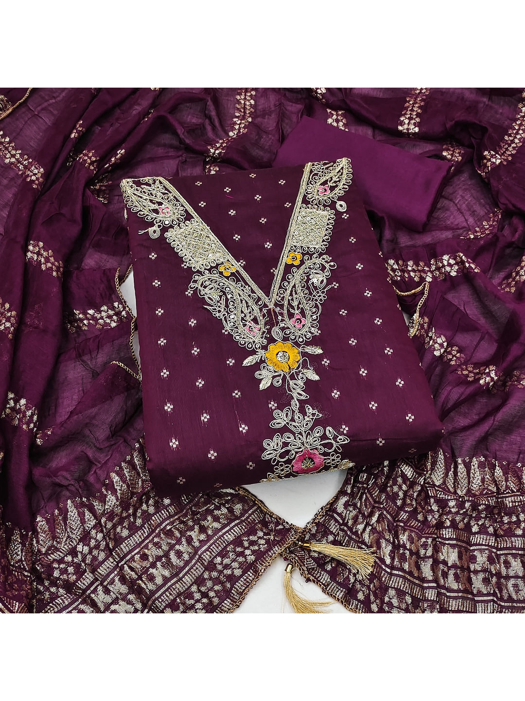 Peachmode Wine Chanderi Silk Dress Material with Ethnic Motifs - Image 1