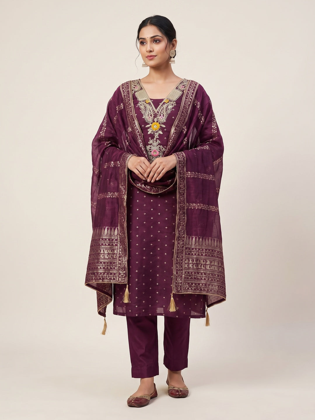 Peachmode Wine Chanderi Silk Dress Material with Ethnic Motifs - Image 2