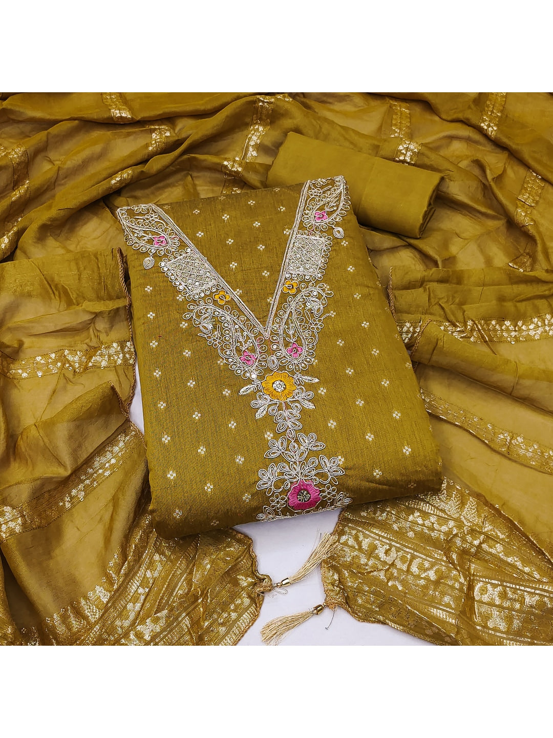 Peachmode Mustard Chanderi Silk Dress Material with Ethnic Motifs - Image 1