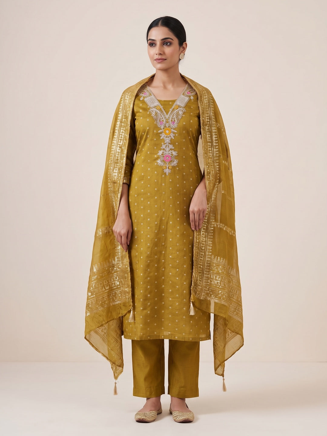 Peachmode Mustard Chanderi Silk Dress Material with Ethnic Motifs - Image 2