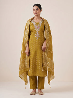 Peachmode Mustard Chanderi Silk Dress Material with Ethnic Motifs - Image 2