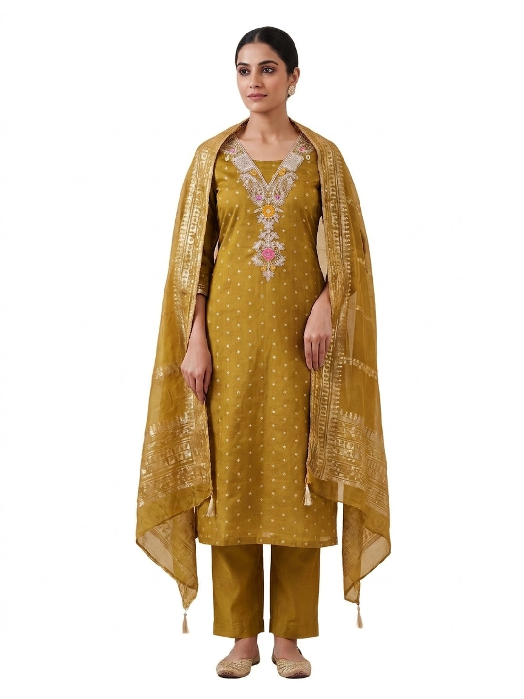 Peachmode Mustard Chanderi Silk Dress Material with Ethnic Motifs - Image 5