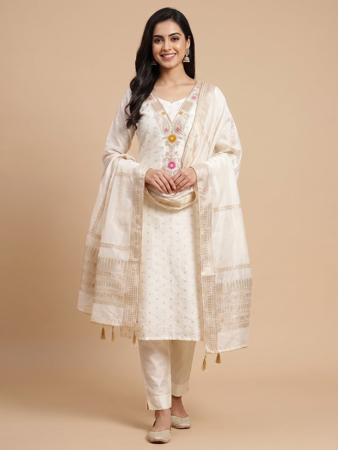 Peachmode Cream Chanderi Silk Unstitched Dress Material with Thread Work - Image 2