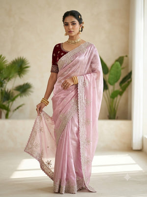 Peachmode Pink Fandy Satin Saree with C-Pallu Embroidery and Cutwork Border - Image 1