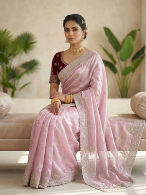 Peachmode Pink Fandy Satin Saree with C-Pallu Embroidery and Cutwork Border - Image 2