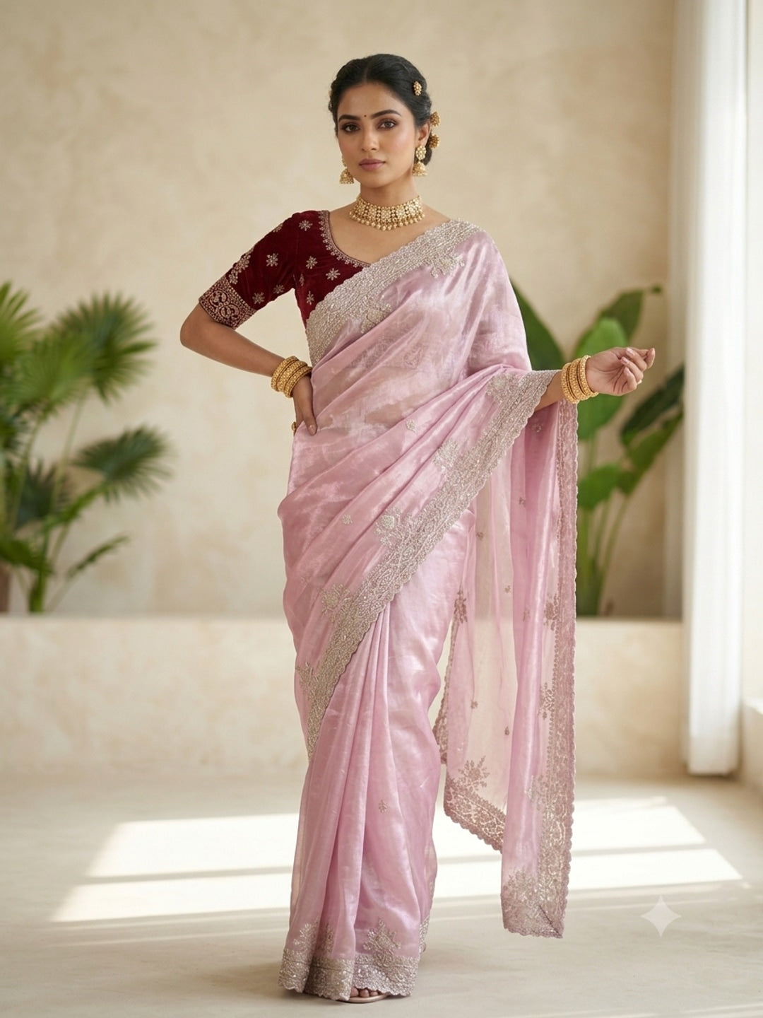 Peachmode Pink Fandy Satin Saree with C-Pallu Embroidery and Cutwork Border - Image 3