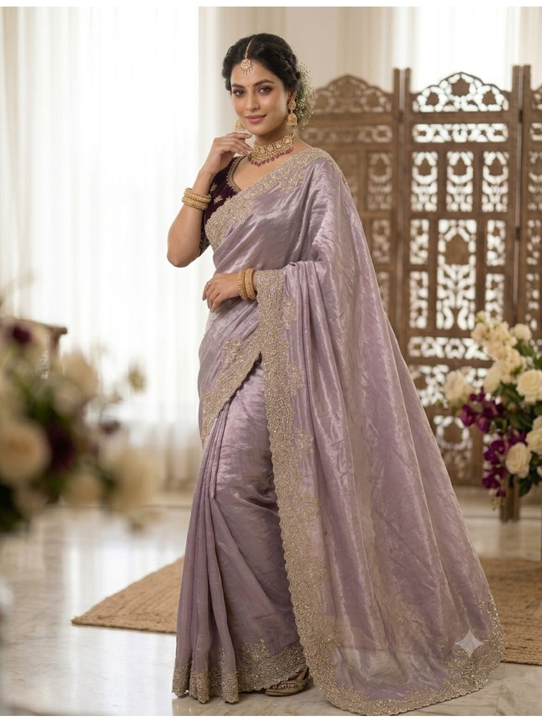 Peachmode Lavender Fandy Satin Saree with C-Pallu Embroidery and Cutwork Border - Image 1